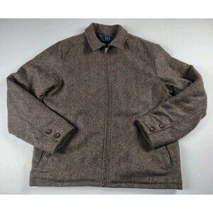 Vintage GAP Bomber Jacket Mens M Brown Wool Herringbone Zip Up Quilt Lined